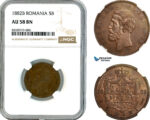 AK855, Romania, Carol I, 5 Bani 1882 B, Bucharest Mint, NGC AU58BN