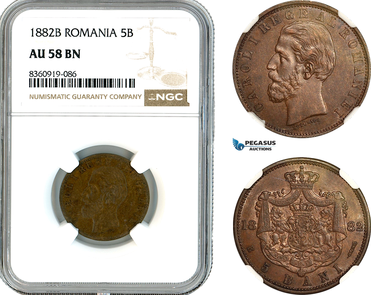 AK855, Romania, Carol I, 5 Bani 1882 B, Bucharest Mint, NGC AU58BN