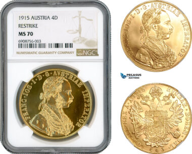 AK871, Austria, Franz Joseph, Restrike 4 Ducats 1915, Vienna Mint, Gold, NGC MS70, Top Pop!