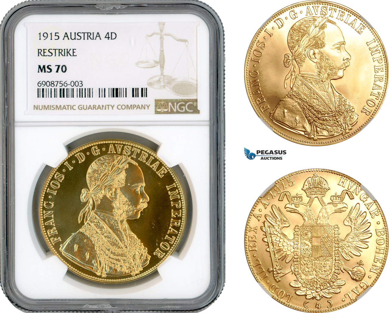 AK871, Austria, Franz Joseph, Restrike 4 Ducats 1915, Vienna Mint, Gold, NGC MS70, Top Pop!