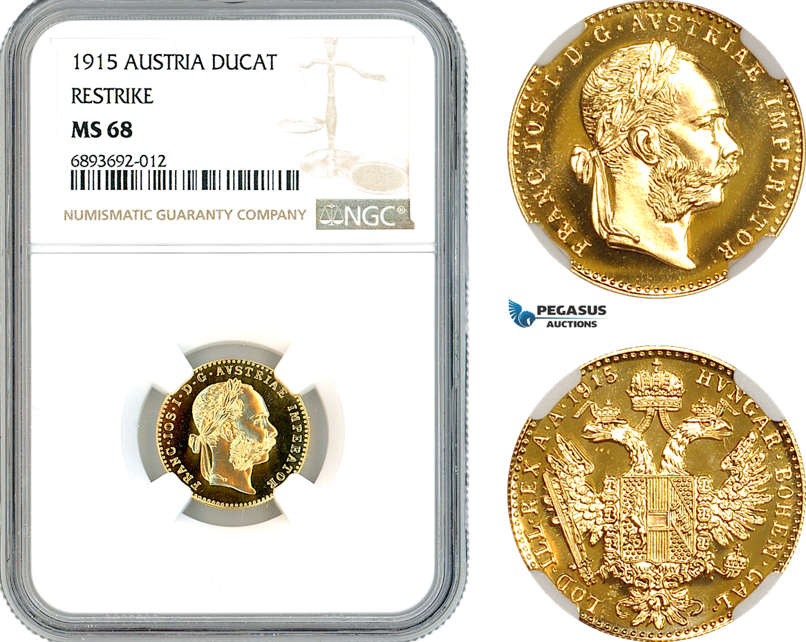 AK876, Austria, Franz Joseph, Restrike 1 Ducat 1915, Vienna Mint, Gold, NGC MS68
