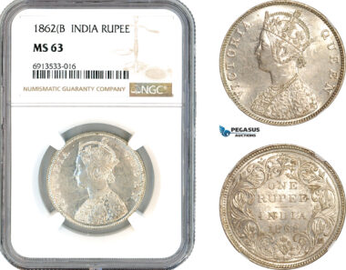 AK889, India (British) Victoria, 1 Rupee 1862 B, Bombay Mint, Silver, NGC MS63
