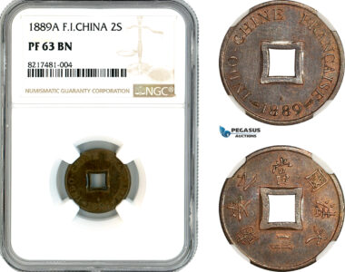AK910, French Indo-China, 2 Sapeque 1889 A, Paris Mint, NGC PF64BN, Rare!