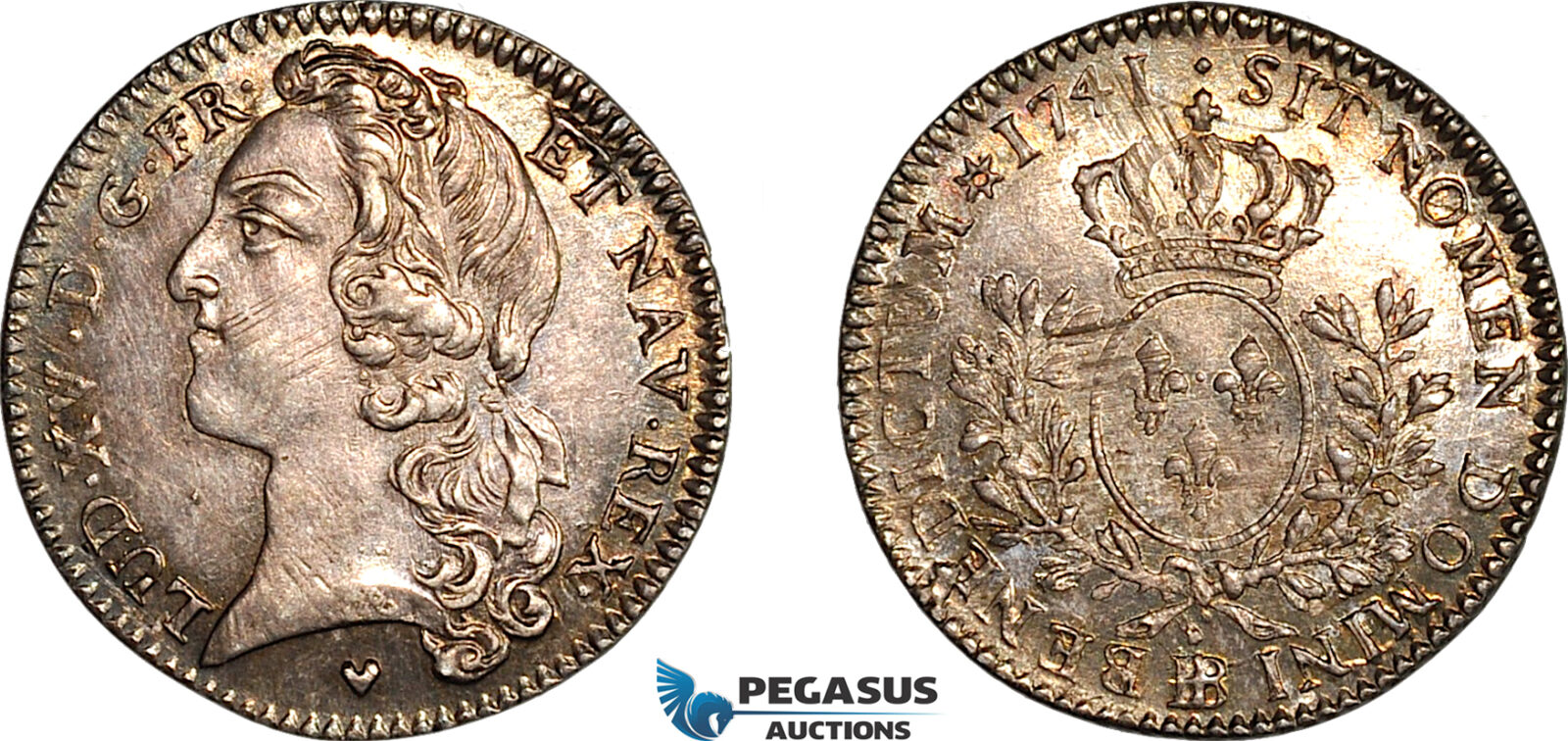 AK946, France, Louis XV, 1/5 Ecu 1741 BB, Strasbourg Mint, Silver, AU-UNC, Cleaned in past!