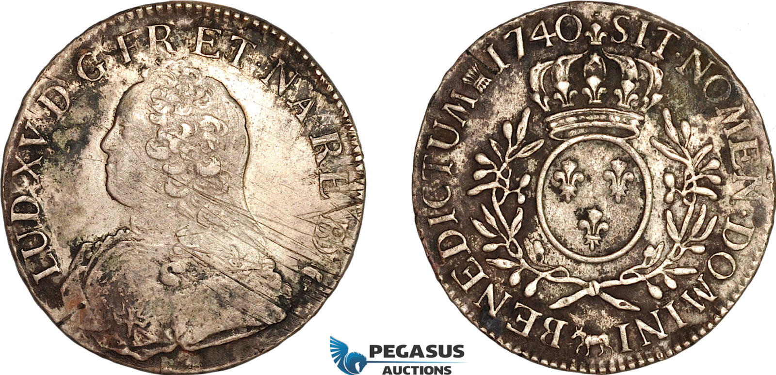 AK947, France, Louis XV, 1 Ecu 1740 (Cow), Pau Mint, Silver, Cleaned, VF-XF