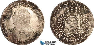 AK947, France, Louis XV, 1 Ecu 1740 (Cow), Pau Mint, Silver, Cleaned, VF-XF
