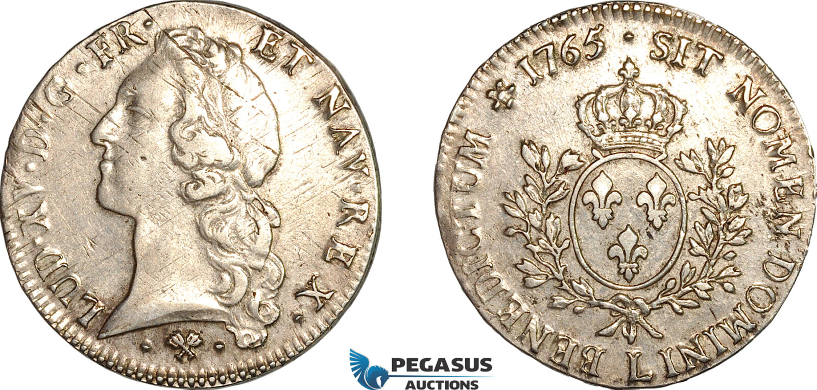 AK948, France, Louis XV, 1 Ecu 1765 L, Bayonne Mint, Silver, Cleaned VF-XF