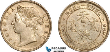 AK956, Hong Kong, Victoria, 20 Cents 1885, London Mint, Silver, Light cleaning, AU