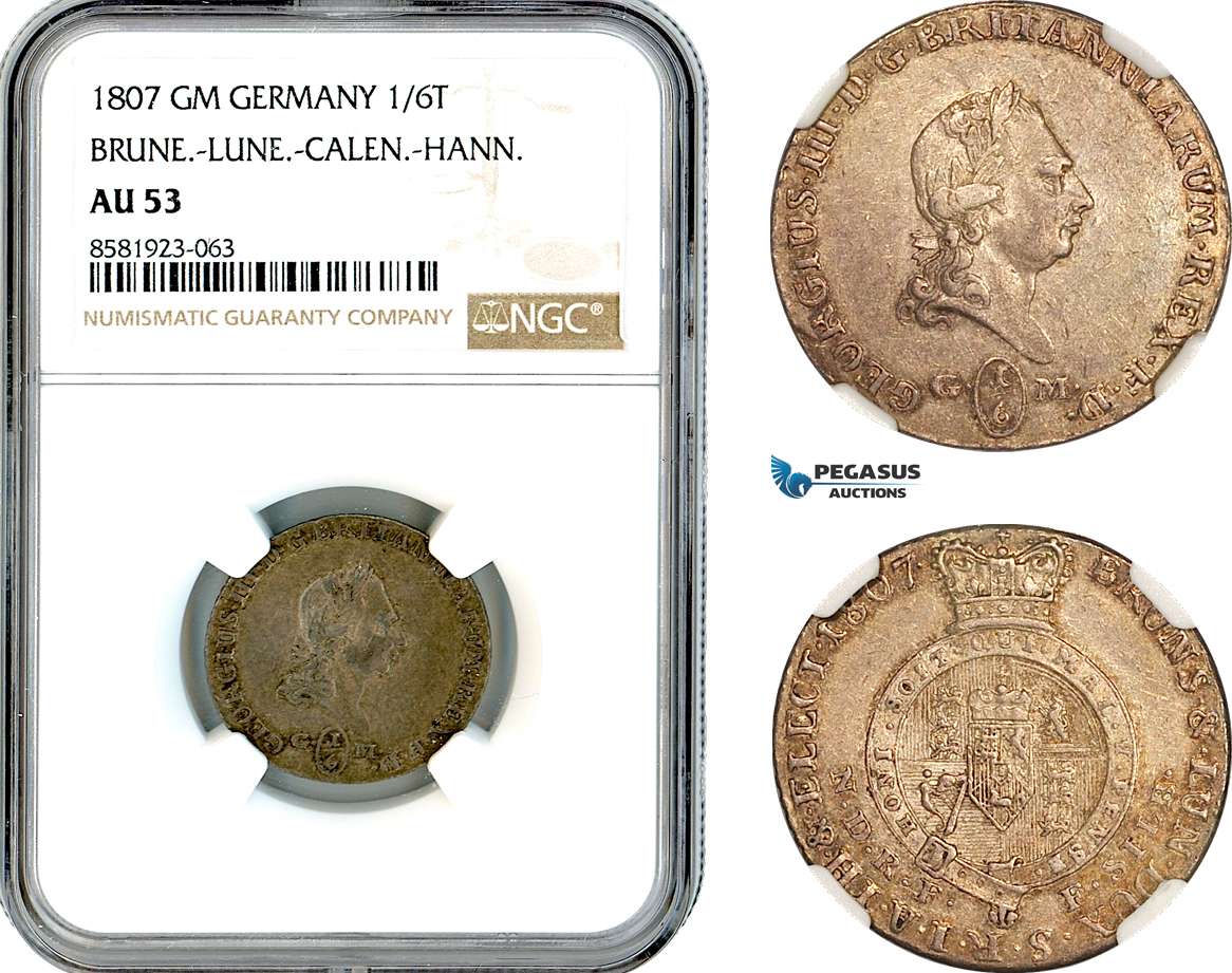 AL080, Germany, Brunswick-Lüneburg-Calenberg-Hannover, George III, 1/6 Taler 1807 GM, Clausthal Mint, Silver, NGC AU53
