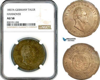 AL081, Germany, Hannover, Wilhelm IV, 1 Taler 1837 A, Clausthal Mint, Silver, NGC AU58