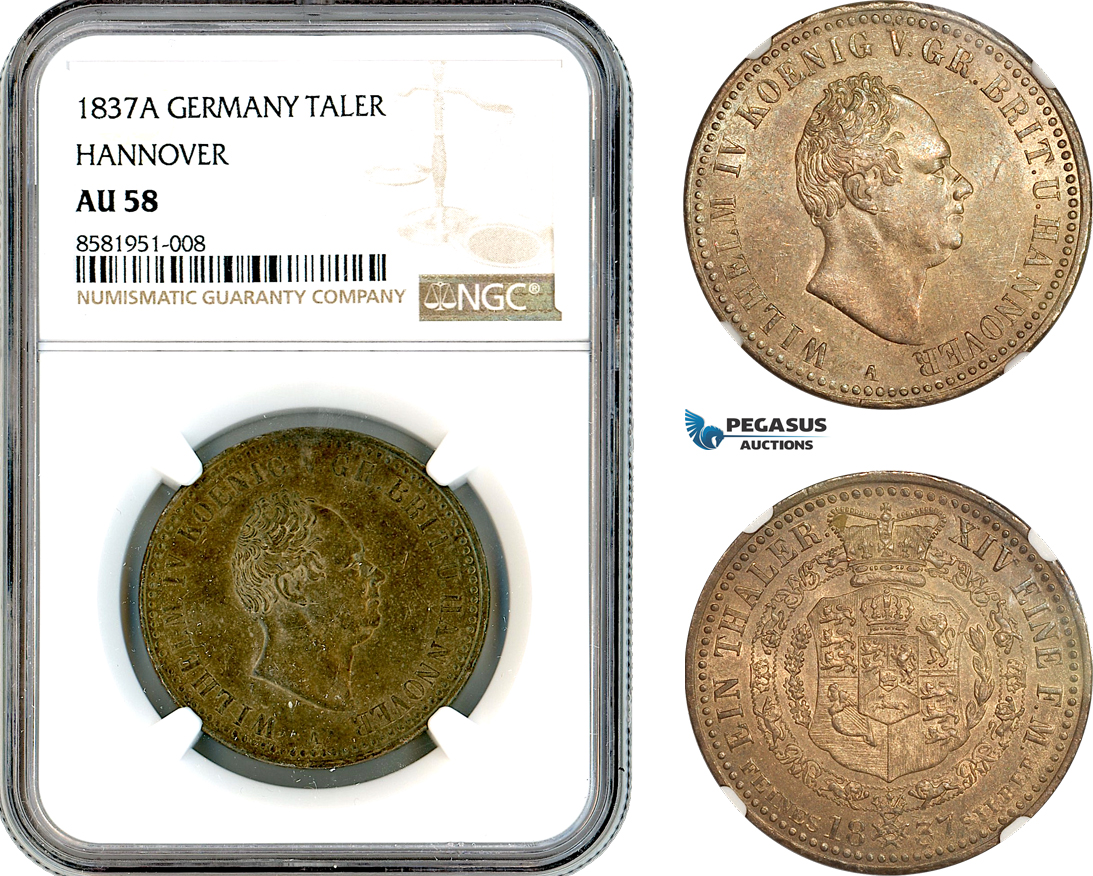 AL081, Germany, Hannover, Wilhelm IV, 1 Taler 1837 A, Clausthal Mint, Silver, NGC AU58