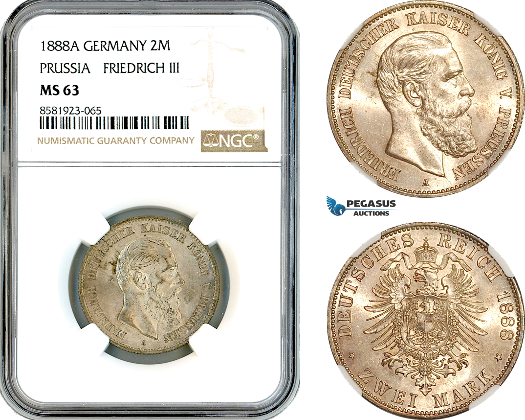 AL083, Germany, Prussia, Friedrich III, 2 Mark 1888 A, Berlin Mint, Silver, NGC MS63