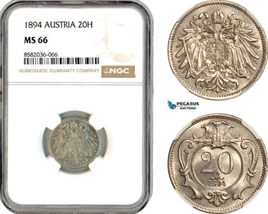 AL132, Austria, Franz Joseph, 20 Heller 1894, Vienna Mint, NGC MS66