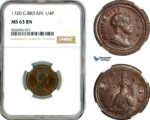 AL160, Great Britain, George I, Farthing (1/4 Penny) 1720, London Mint, NGC MS63BN