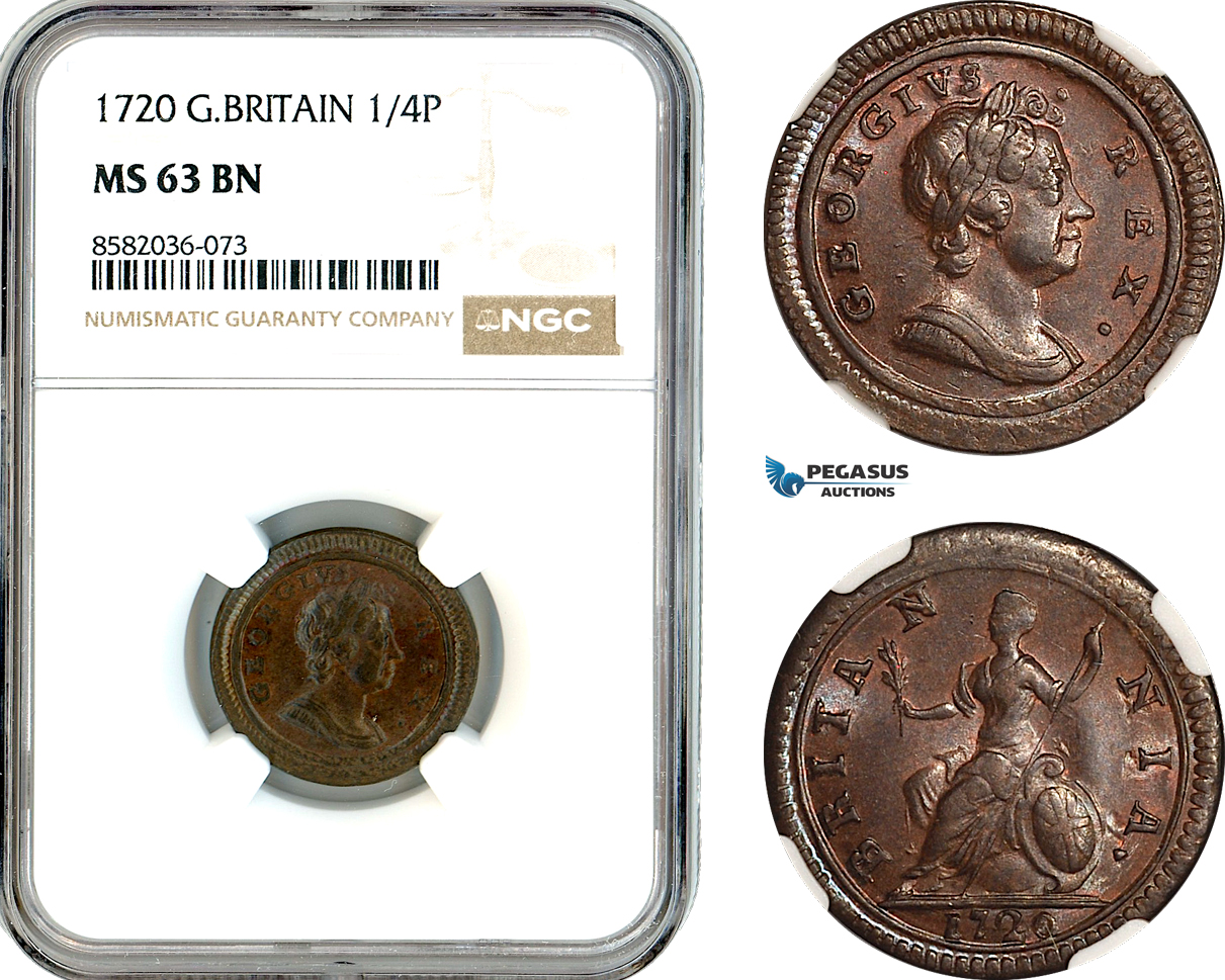 AL160, Great Britain, George I, Farthing (1/4 Penny) 1720, London Mint, NGC MS63BN