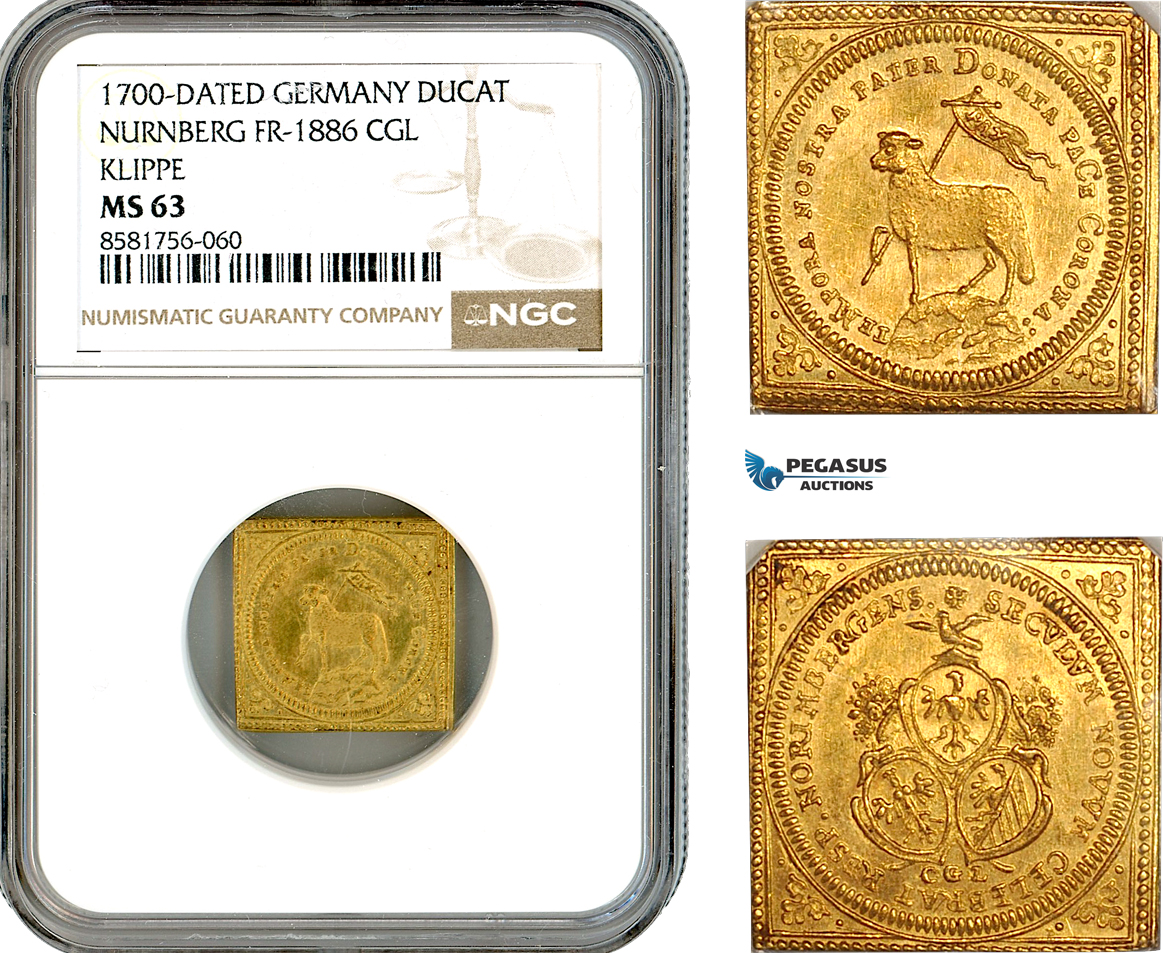 AL018, Germany, Nurnberg, Klippe "Lamb" Ducat 1700 CGL, Gold, NGC MS63, Rare!