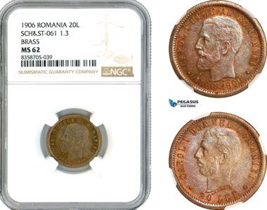 AL213, Romania, Carol I, Pattern 20 Lei 1906 (40th Anniversary), Brussels Mint, Brass, Schäffer/Stambuliu 061-1.3, NGC MS62