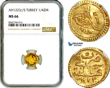AL232, Turkey, Ottoman Empire, Mahmud II, 1/4 Zeri Mahbub AH1223//5, Konstantiniyyie Mint, Gold, NGC MS66