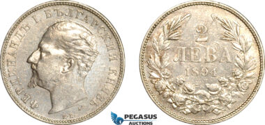 AL237, Bulgaria, Ferdinand I, 2 Leva 1894 KB, Kremnitz Mint, Silver, Cleaned, AU