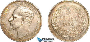 AL240, Bulgaria, Ferdinand I, 5 Leva 1894 KB, Kremnitz Mint, Silver, Scratches, XF-AU