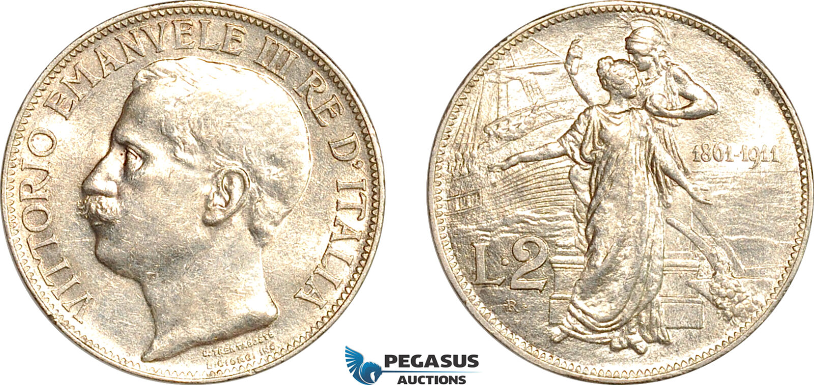 AL252, Italy, Vit. Emanuele III, Kingdom Anniversary, 2 Lire 1911 R, Rome Mint, Silver, Cleaned, AU