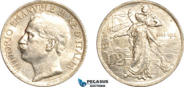 AL252, Italy, Vit. Emanuele III, Kingdom Anniversary, 2 Lire 1911 R, Rome Mint, Silver, Cleaned, AU