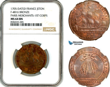 AL382, France, Louis XIV, Bronze Medal 1705, Paris Merchants - 1ST Corps, Ship, NGC MS64BN