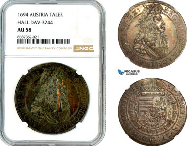 AL482, Austria, Leopold I, Taler 1694, Hall Mint, Dav-3244, “Lions shoulder” Silver, NGC AU58, Rare!