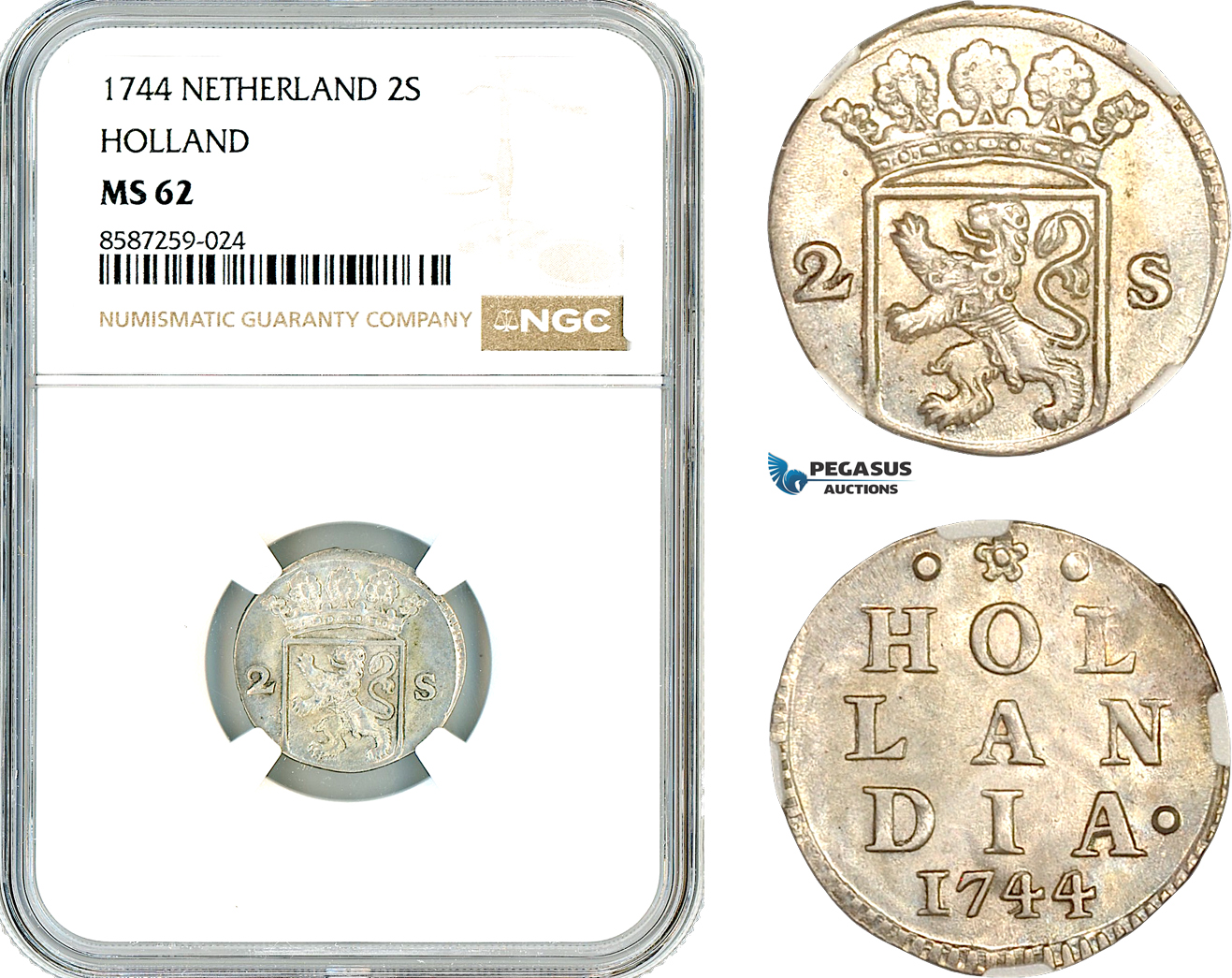 AL500, Netherlands, Holland, 2 Stuivers 1744, Dordrecht Mint, Silver, NGC MS62