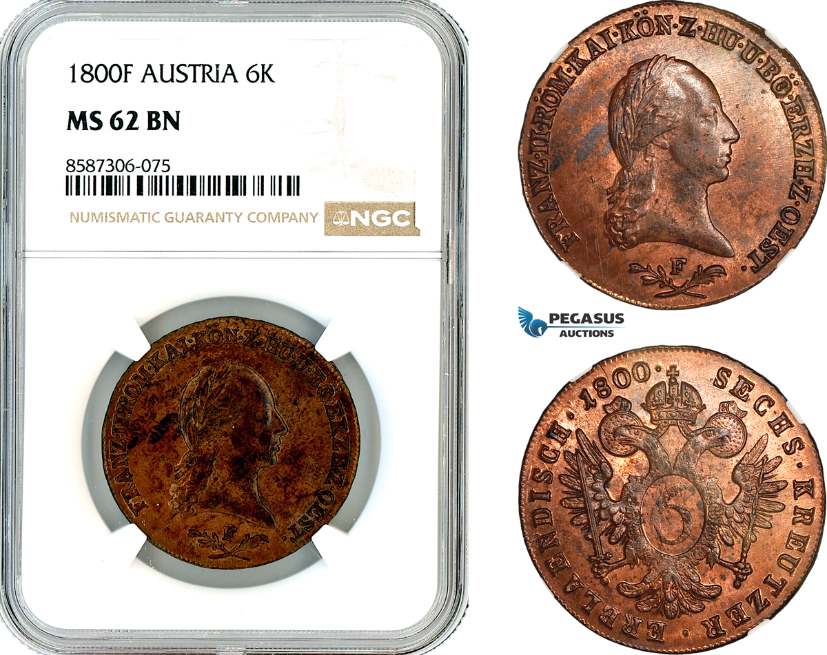 AL548, Austria, Franz II, 6 Kreuzer 1800 F, Hall Mint, NGC MS62BN