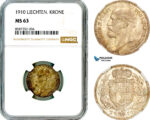 AL595, Liechtenstein, Johann II, 1 Krone 1910, Vienna Mint, Silver, NGC MS63