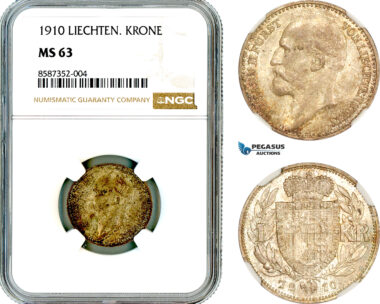 AL595, Liechtenstein, Johann II, 1 Krone 1910, Vienna Mint, Silver, NGC MS63