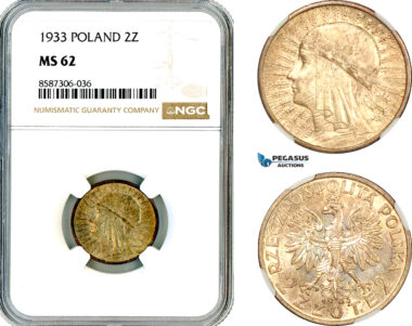 AL600, Poland, 2 Zlote 1933, Warsaw Mint, Silver, NGC MS62