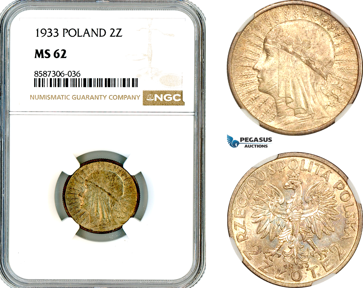 AL600, Poland, 2 Zlote 1933, Warsaw Mint, Silver, NGC MS62