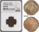 A5/543 Italy, Lombardy Venetia, Franz Joseph of Austria, 5 Centesimi 1852 V, Venice Mint, KM C# 31, NGC MS64BN