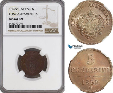 A5/543 Italy, Lombardy Venetia, Franz Joseph of Austria, 5 Centesimi 1852 V, Venice Mint, KM C# 31, NGC MS64BN