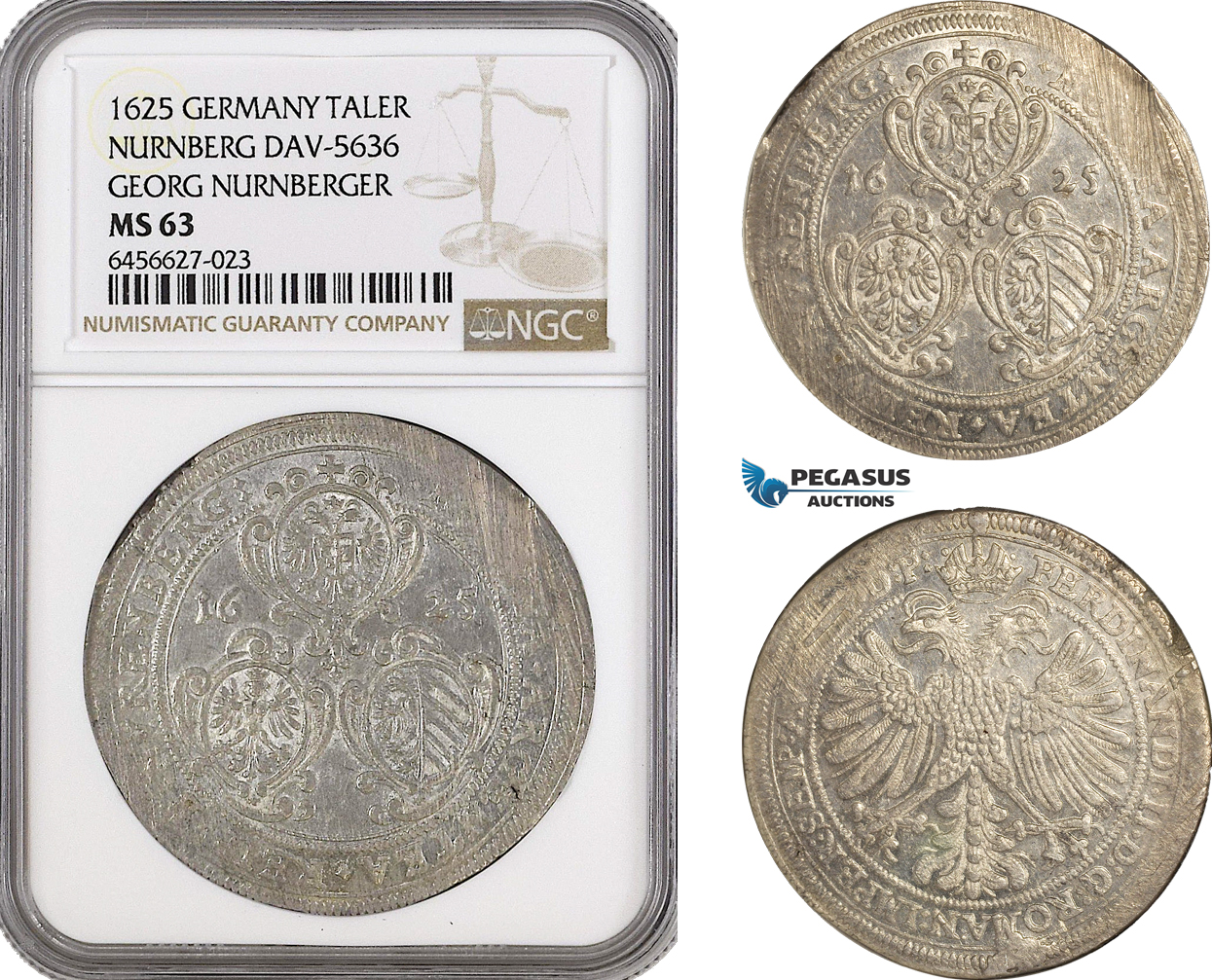 A6/112, Germany, Nürnberg City, In the name of Ferdinand II, Taler 1625, Cross Mm: (Georg Nürnberger the elder) Silver, Dav-5636, Adjustment marks, NGC MS63