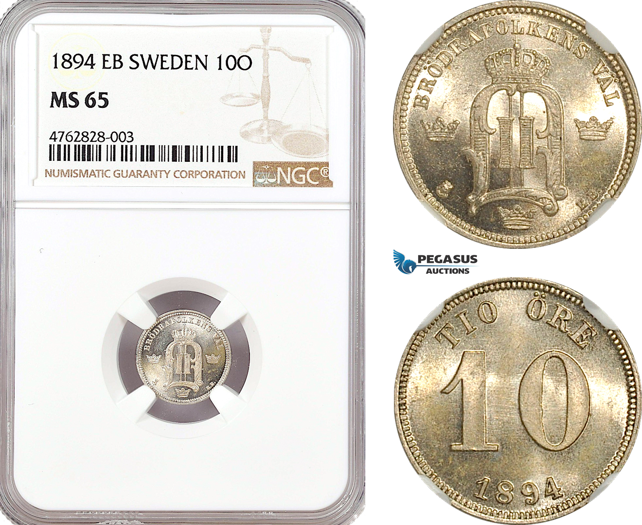 A6/483, Sweden, Oscar II, 10 Öre 1894 EB, Stockholm Mint, Silver, KM# 755, NGC MS65