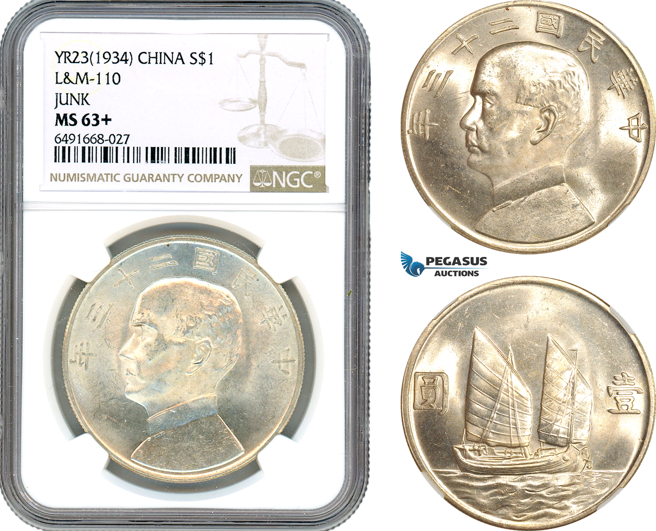 A7/160, China, Republic, Dollar Yr. 23 (1934) Shanghai Mint, Silver, L&M 110, Blast white!, NGC MS63+