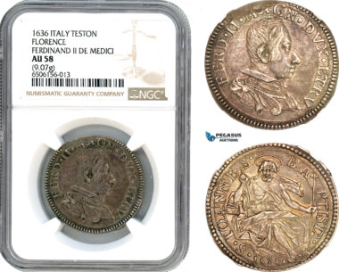 A7/341, Italy, Florence (Firenze) Ferdinand II de Medici, Teston 1636, Florence Mint, Silver, MIR 298 R, Old cabinet toning! NGC AU58, Top Pop! Rare!