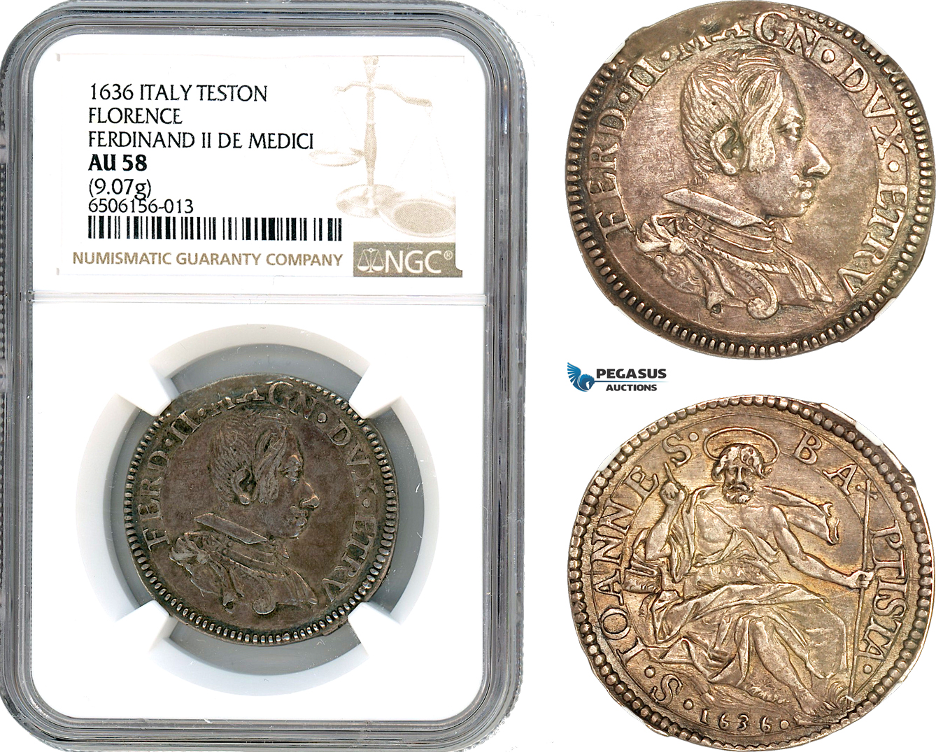 A7/341, Italy, Florence (Firenze) Ferdinand II de Medici, Teston 1636, Florence Mint, Silver, MIR 298 R, Old cabinet toning! NGC AU58, Top Pop! Rare!
