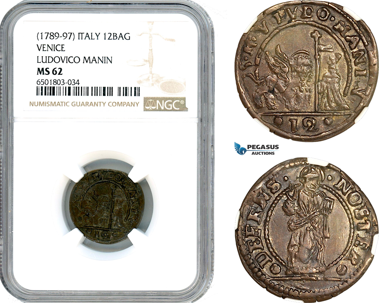 A7/353, Italy, Venice, Ludovico Manin, 12 Bagattini ND (1789-97) Pao. 34, NGC MS62, Pop 1/3