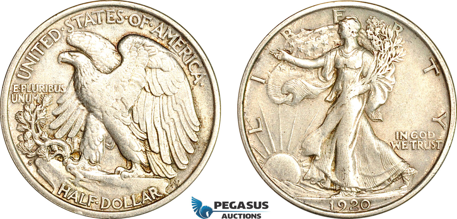 A7/743, United States, Walking Liberty Half Dollar (50C) 1920 S, San Francisco Mint, Silver, KM# 142, Hints of toning! VF-EF