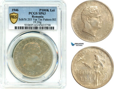 A7/548, Romania, Mihai I, Pattern 100000 Lei 1946, Bucharest mint, Tin (19,26g) Reeded edge, coin rotation, Schäffer/Stambuliu 203 var. (Unpublished metal), PCGS SP63, Top Pop!, Rare!