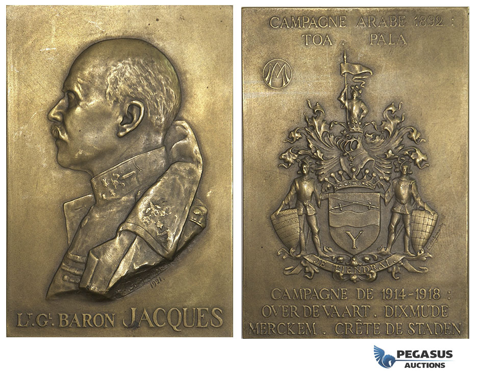 AA001 Belgium, 1921 Bronze Plaque Medal (70x47mm, 97.3g) by Bremaecker, Arabian Campaign, Lt. Baron Jacques, WW1