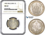 AA039, Bulgaria, Alexander, 2 Leva 1882, St. Petersburg, Silver, NGC MS62