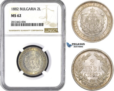 AA039, Bulgaria, Alexander, 2 Leva 1882, St. Petersburg, Silver, NGC MS62
