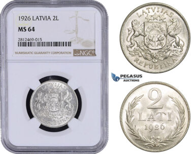 AA059, Latvia, 2 Lati 1926, Silver, NGC MS64