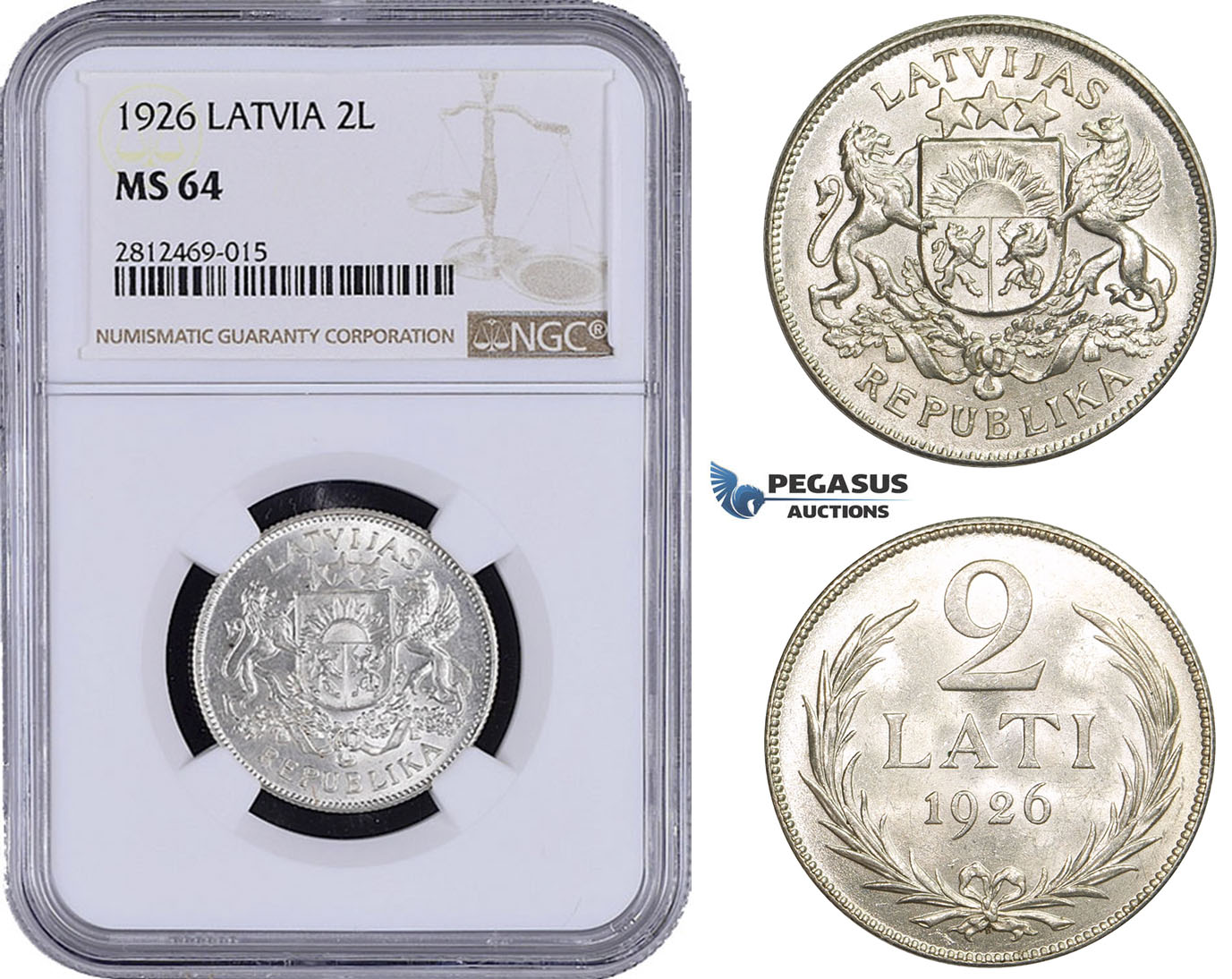 AA059, Latvia, 2 Lati 1926, Silver, NGC MS64