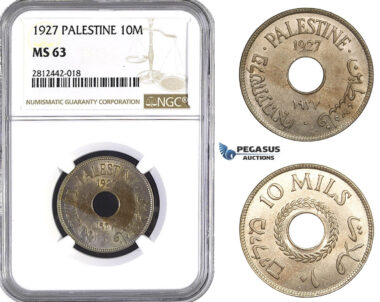 AA067, Palestine, 10 Mils 1927, London, NGC MS63